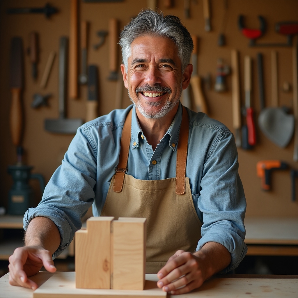 Woodworking instructor in a canvas apron standing at a workbench explaining a joint to the camera