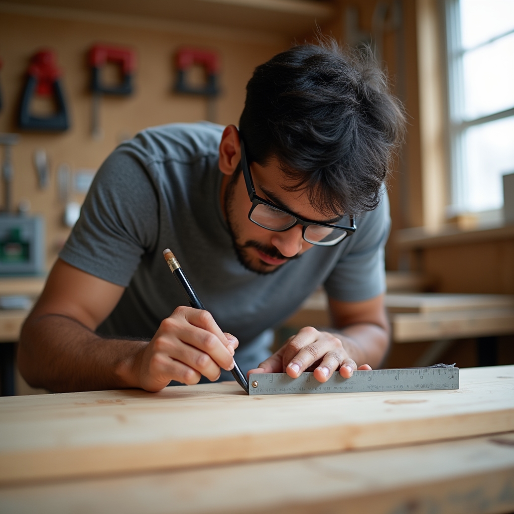 Beginner woodworker using a combination square to mark a straight line on a piece of lumber