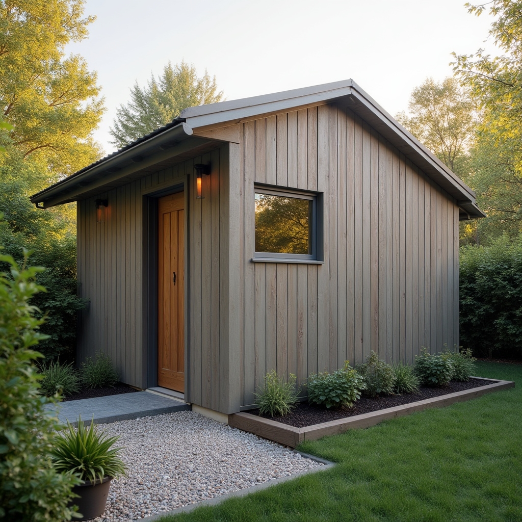 Small home workshop shed exterior with wood plank siding and a wide window in early morning light