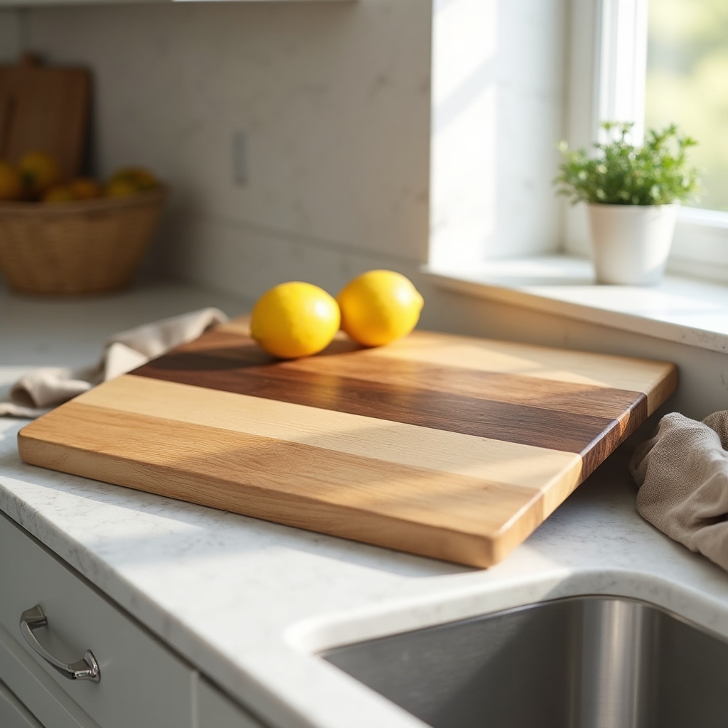 Handmade end-grain style wooden cutting board resting on a kitchen counter near a window