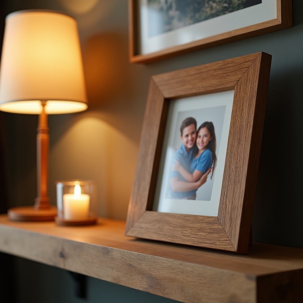 Wooden picture frame with mitered corners displaying a family photograph on a wood mantel