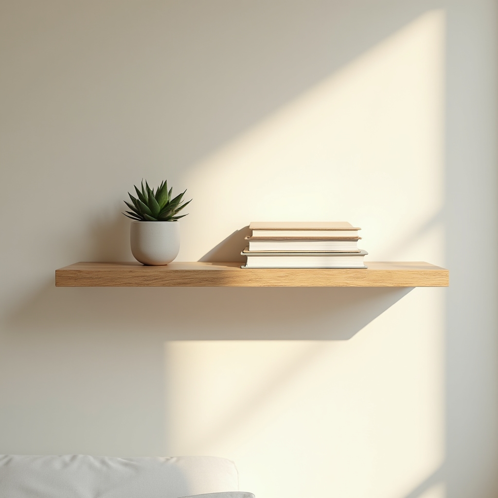 Simple floating wood shelf mounted on a living room wall holding books and a small plant