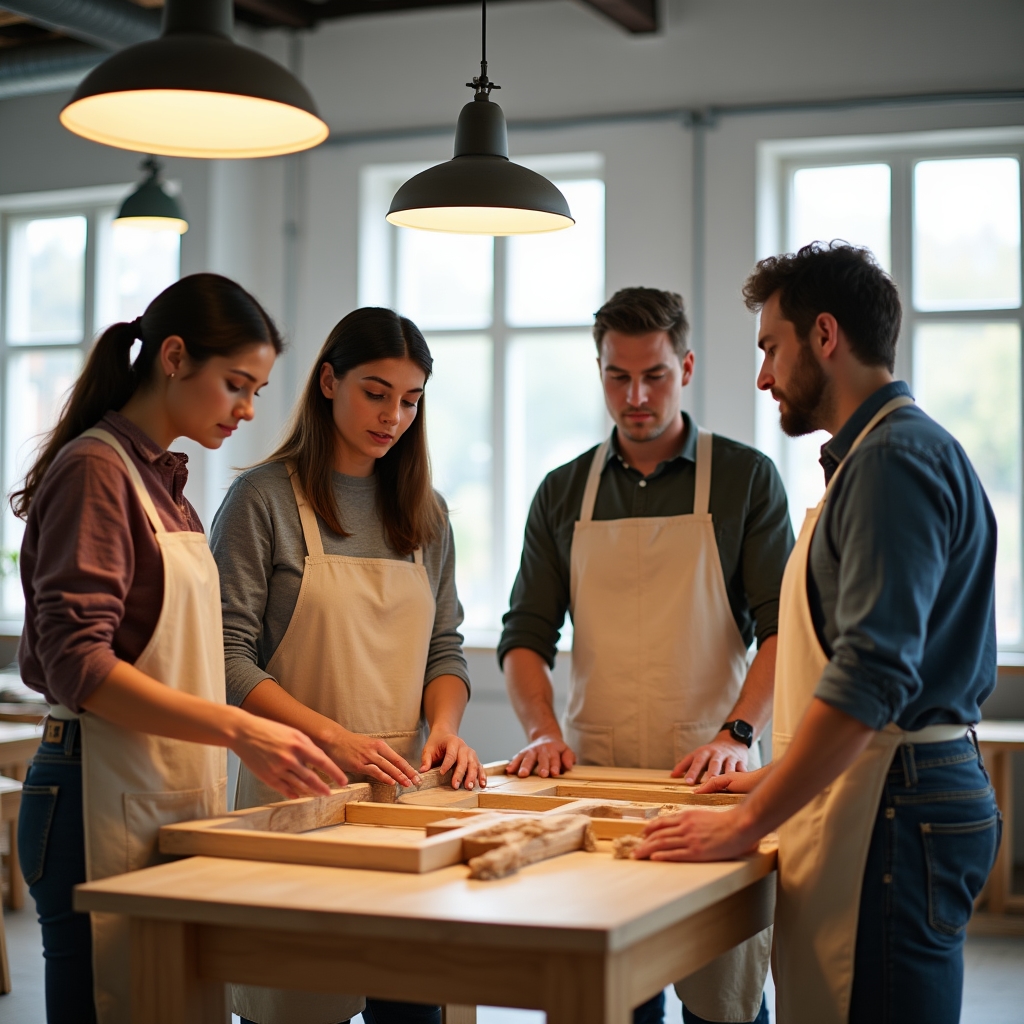 Small group of adult beginners gathered around a workbench watching an instructor demonstrate a clamp technique