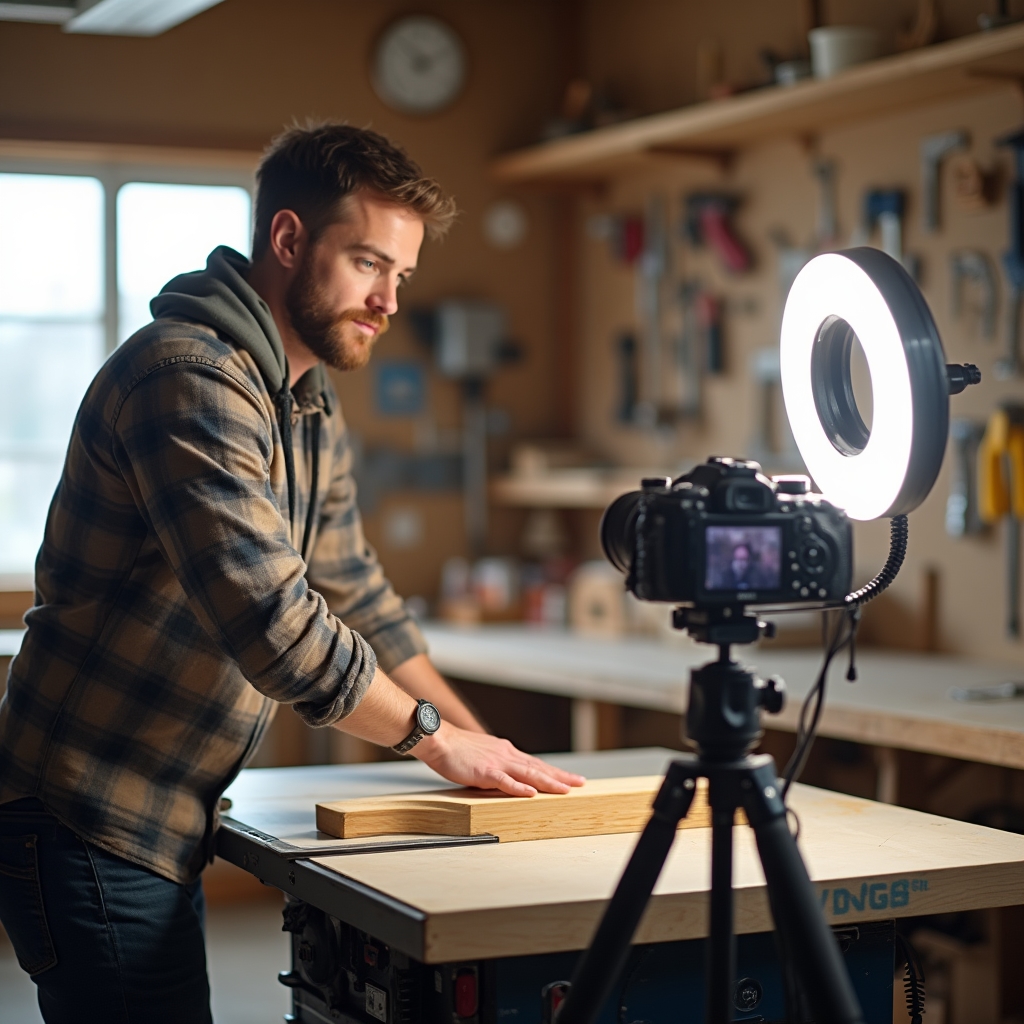 Camera and tripod recording a woodworking instructor demonstrating a table saw cut in a bright home workshop